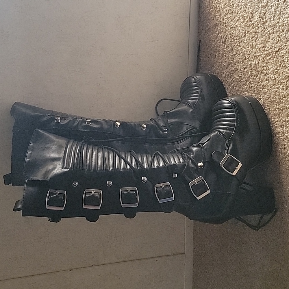Demonia knee high boots, leather, size 8 with 3 inch heel, lace up and zipper